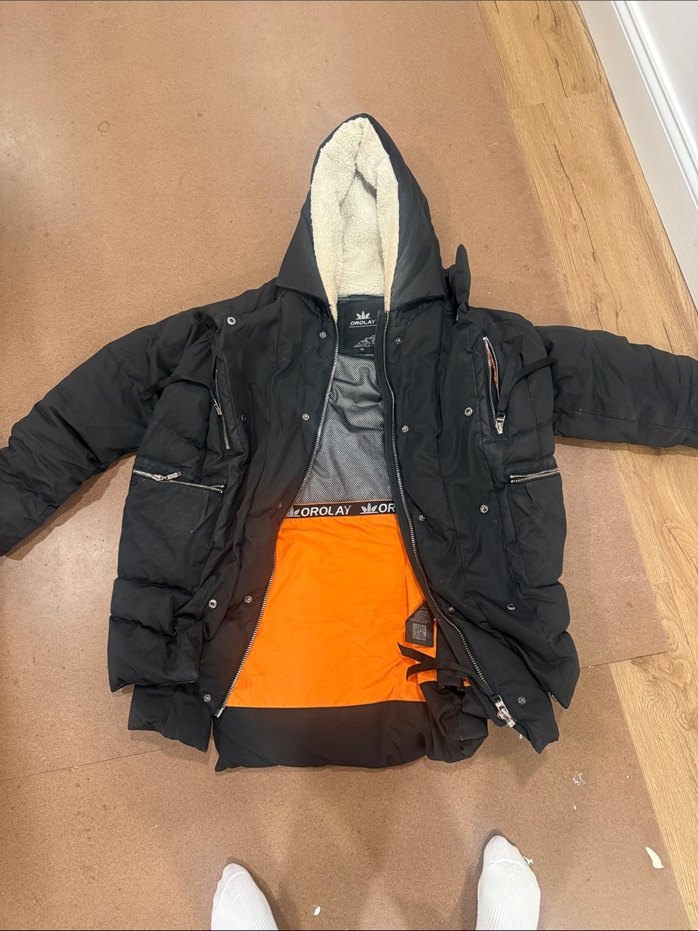 OLAY Men's Black Puffer Jacket with Orange Lining